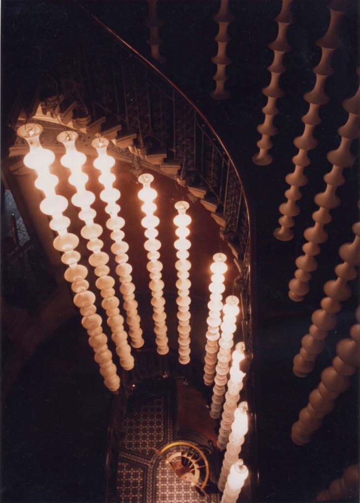 Soft sculpture lighting installation 100 foot high Grand Stair Midland Grand Hotel St Pancras London © Dan Maier Extraordinary Design