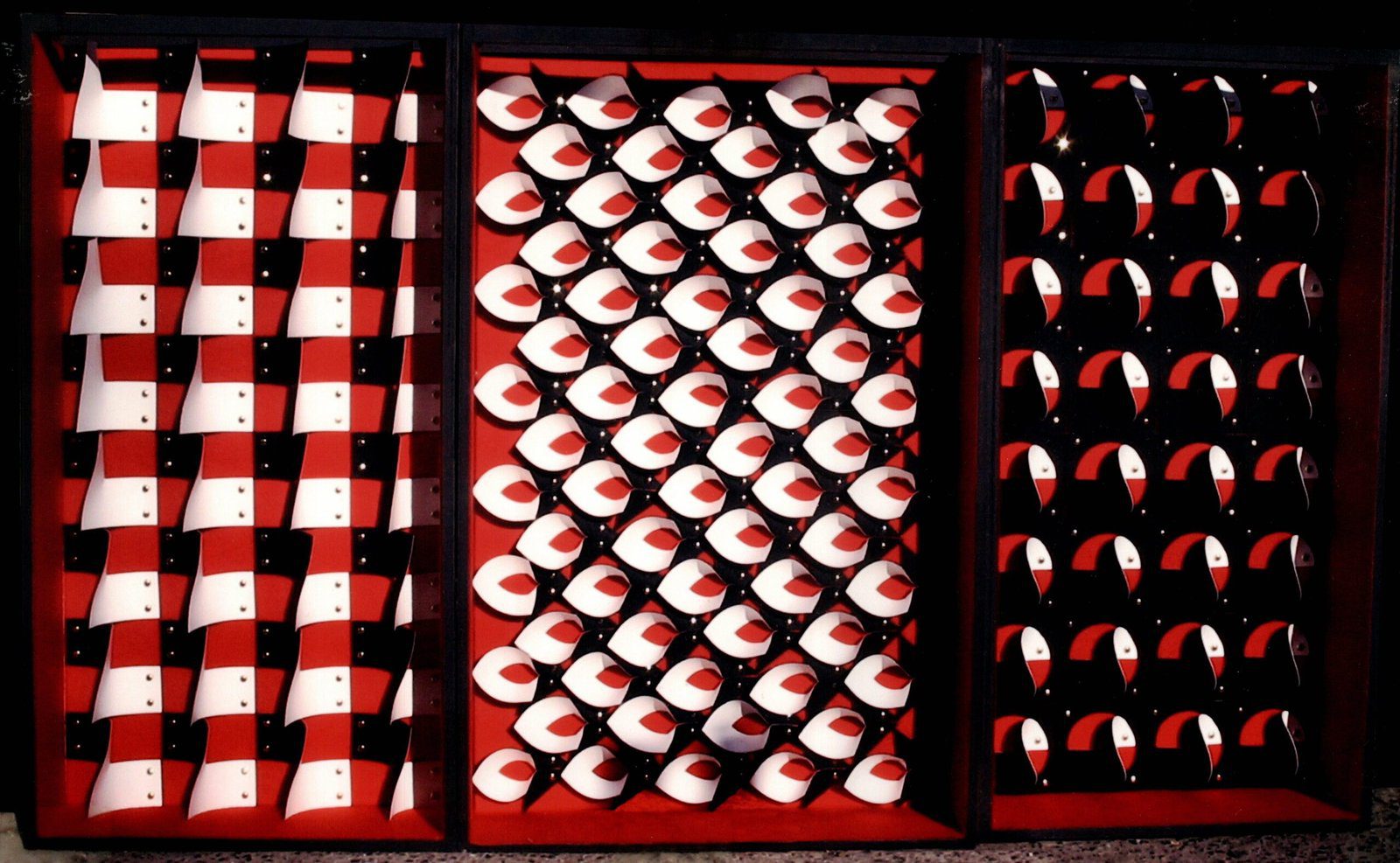 Op Art triptych circles squares triangles red black for RCI © Dan Maier