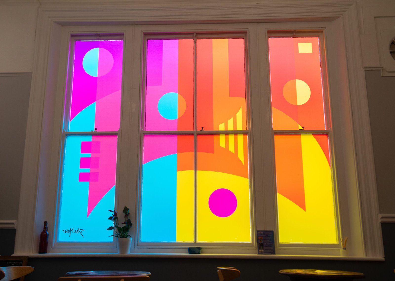 The Southgate Club window vinyl art inside view ground floor photo Natalie Gie