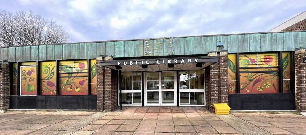 Southgate Library window artwork by Dan Maier